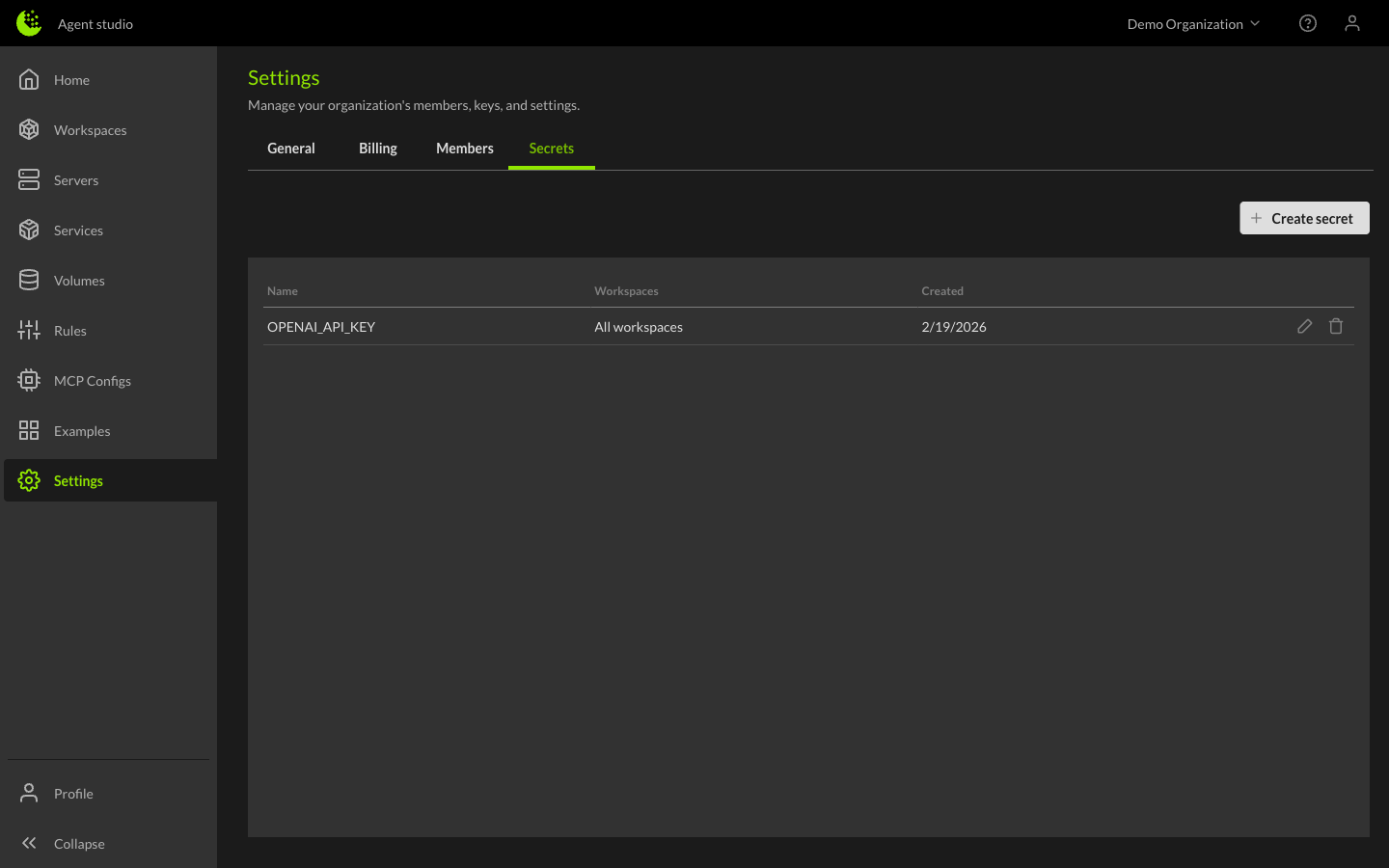 Settings Secrets tab