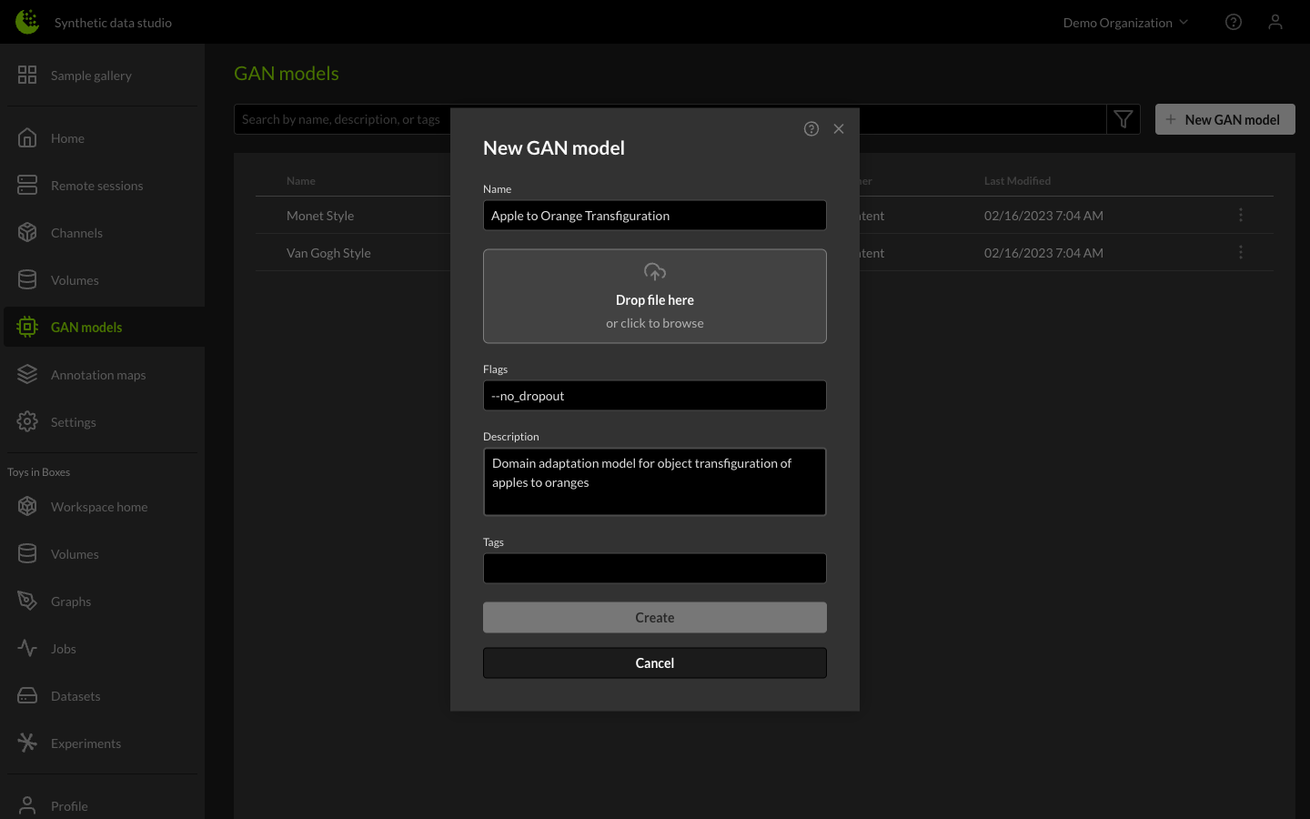 New GAN Model Dialog